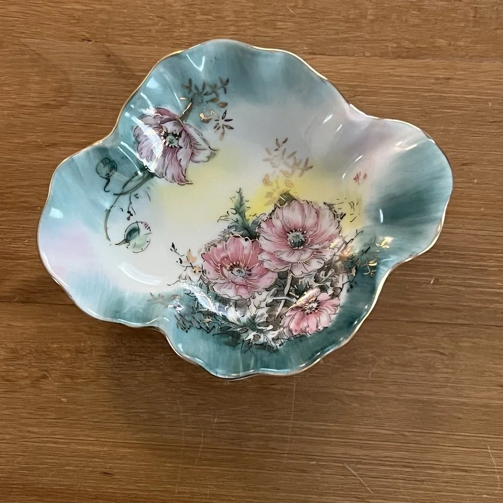 Vintage Lefton Hand Painted Floral Porcelain Trinket Dish Gold Trim‎ Japan